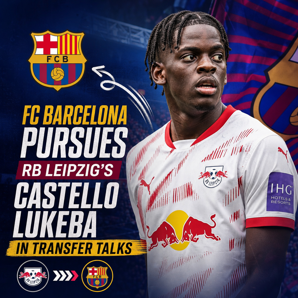 FC Barcelona and RB Leipzig representatives in a meeting, discussing transfer talks for player Castello Lukeba.