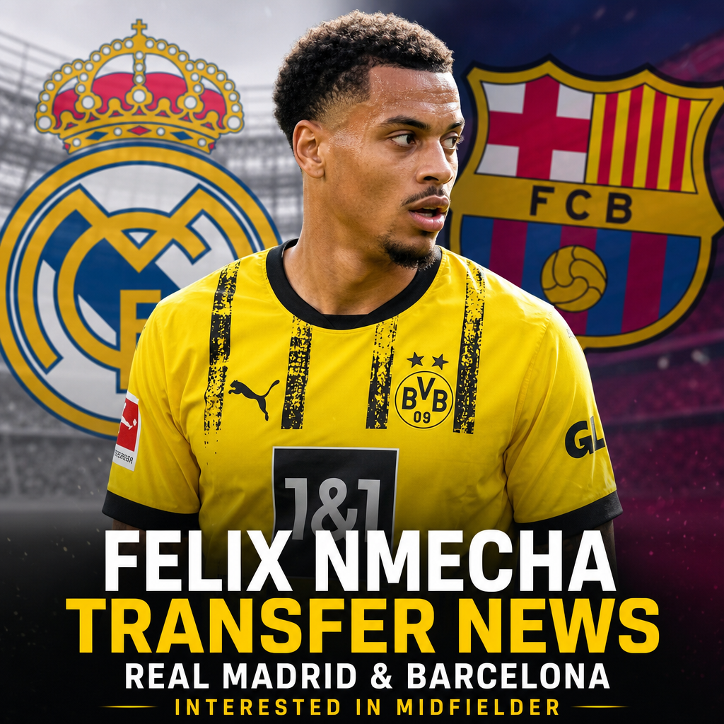 Borussia Dortmund midfielder Felix Nmecha in action, with transfer interest from Real Madrid and Barcelona.