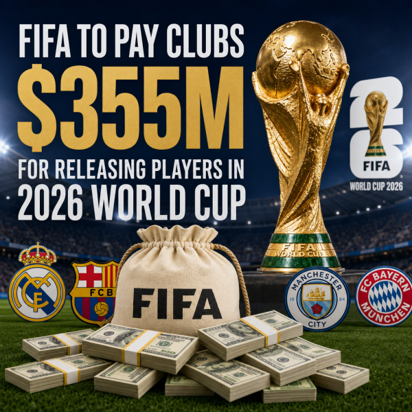 FIFA logo with a soccer ball icon, highlighting $355 million payout to clubs for releasing players in 2026 World Cup.