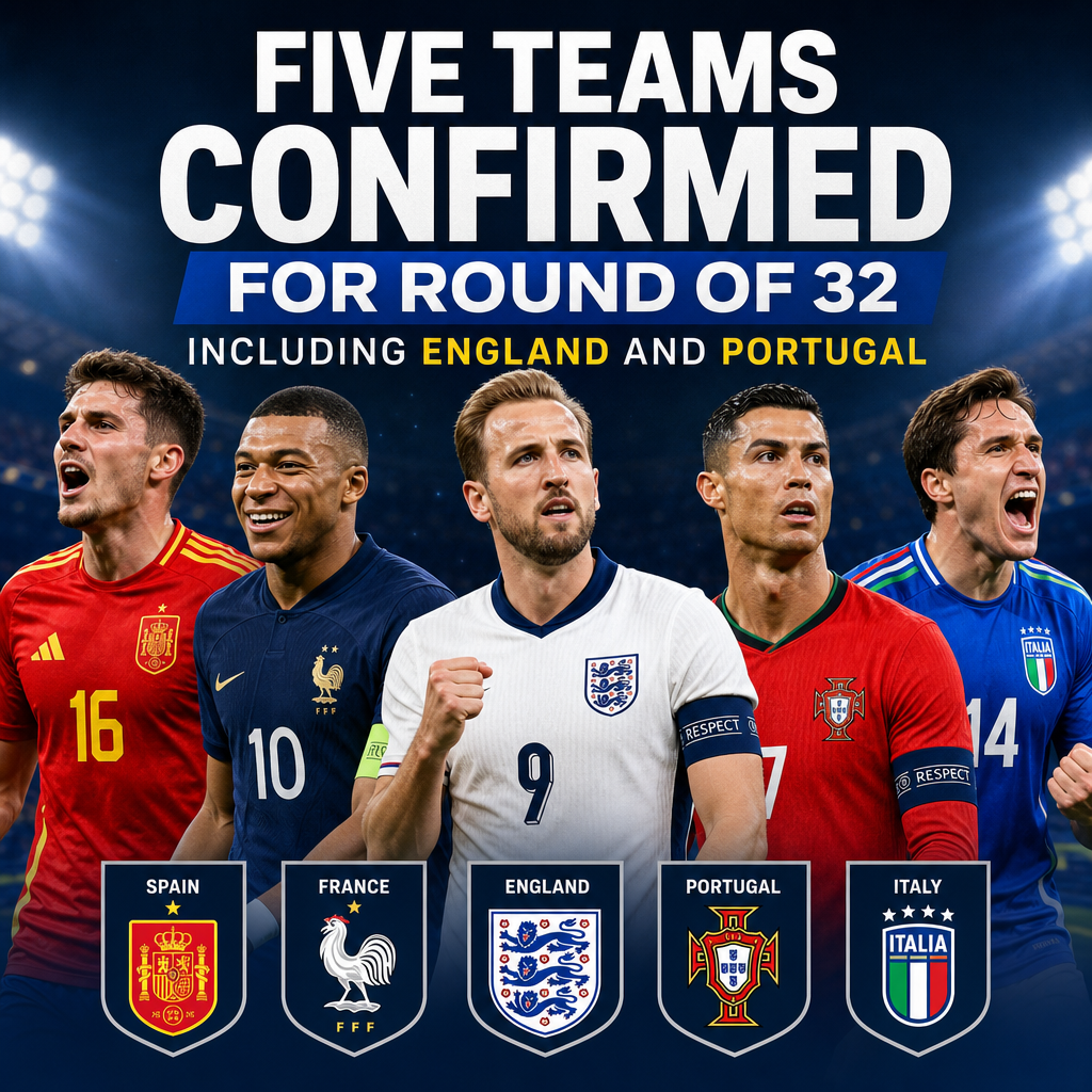 Flags of Spain, France, England, Portugal, and Italy representing football teams advancing to the round of 32.