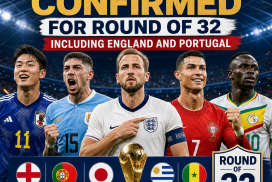 Flags of England, Portugal, France, Argentina, and Brazil representing teams confirmed for World Cup Round of 32.