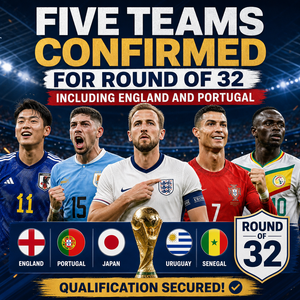 Flags of England, Portugal, France, Argentina, and Brazil representing teams confirmed for World Cup Round of 32.