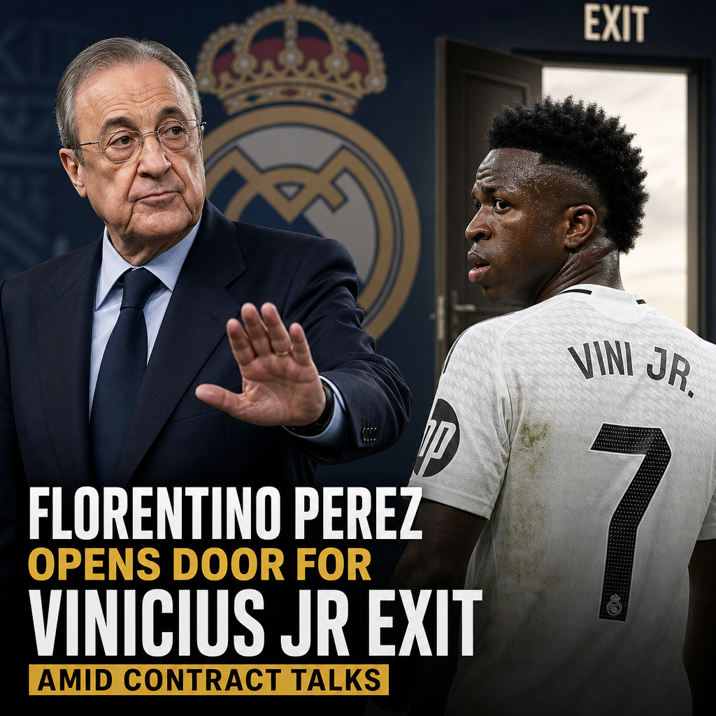 Florentino Perez gesturing as Vinicius Jr walks by during Real Madrid contract discussions.