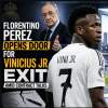 Florentino Perez opening a door with Vinicius Jr walking nearby, symbolizing transfer talks at Real Madrid.