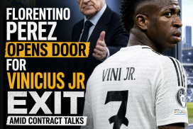 Florentino Perez opening a door with Vinicius Jr walking nearby, symbolizing transfer talks at Real Madrid.