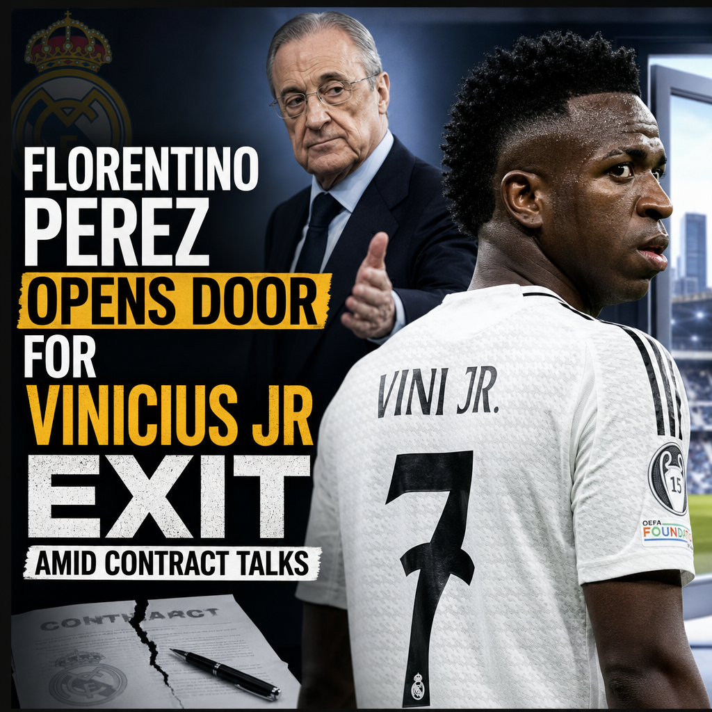 Florentino Perez opening a door with Vinicius Jr walking nearby, symbolizing transfer talks at Real Madrid.