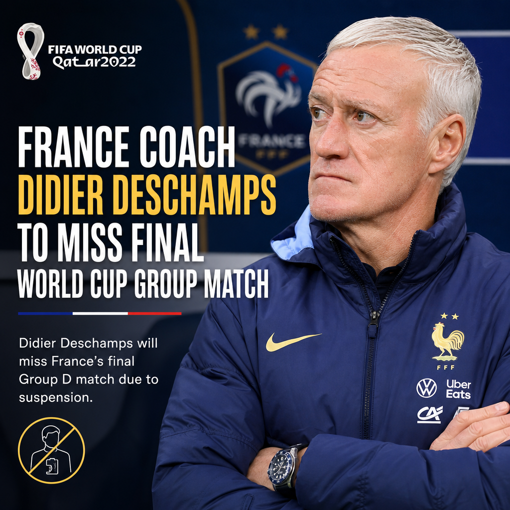 France coach Didier Deschamps looks serious, wearing a dark suit with a white shirt and tie.