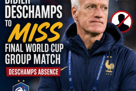 Portrait of Didier Deschamps in a suit with a serious expression during a press conference.