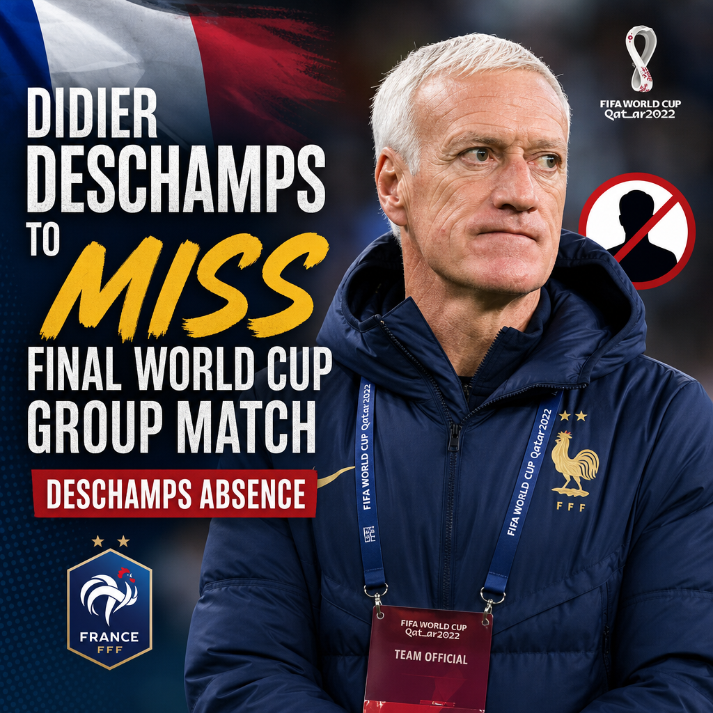 Portrait of Didier Deschamps in a suit with a serious expression during a press conference.