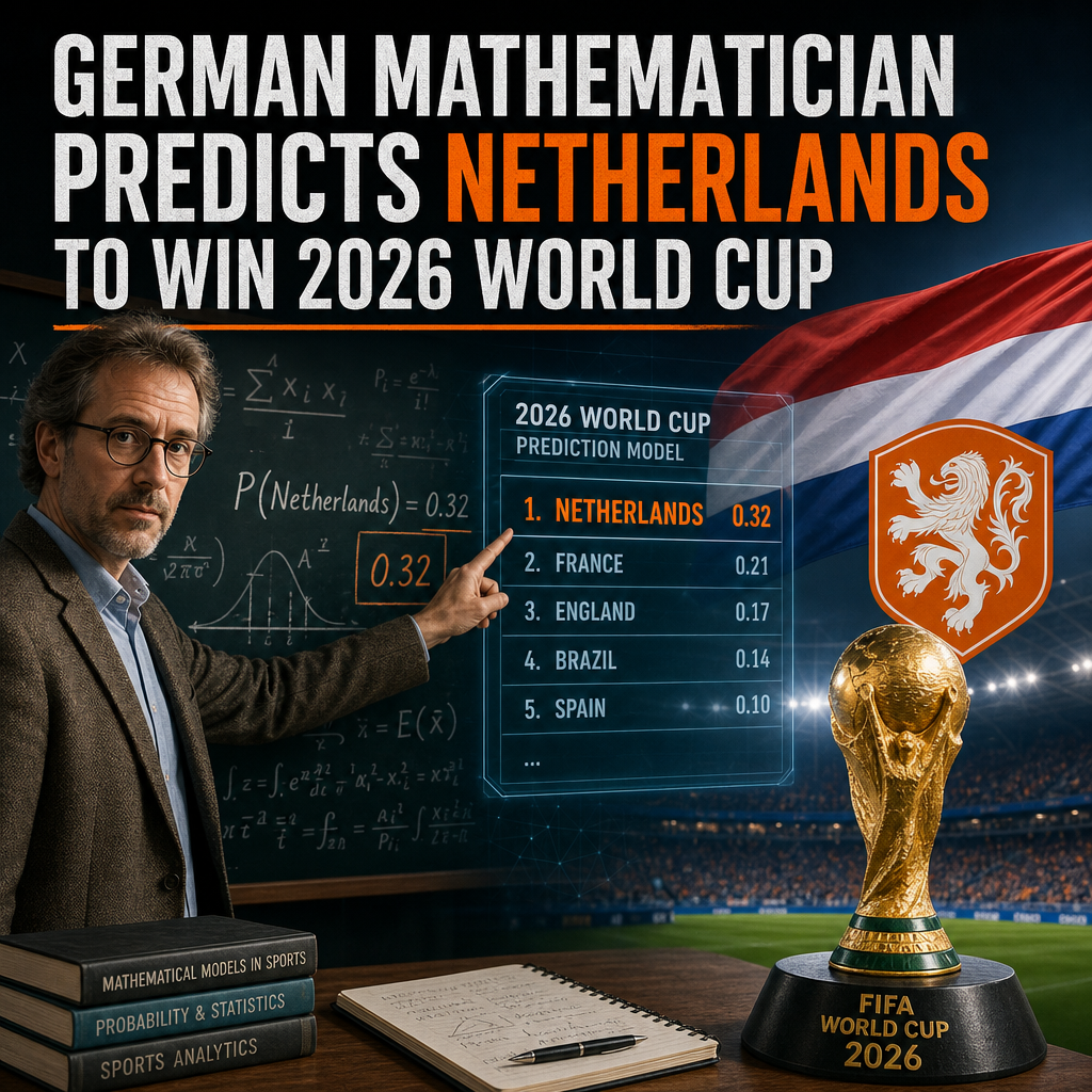 Portrait of a German mathematician explaining a 2026 FIFA World Cup prediction favoring the Netherlands.