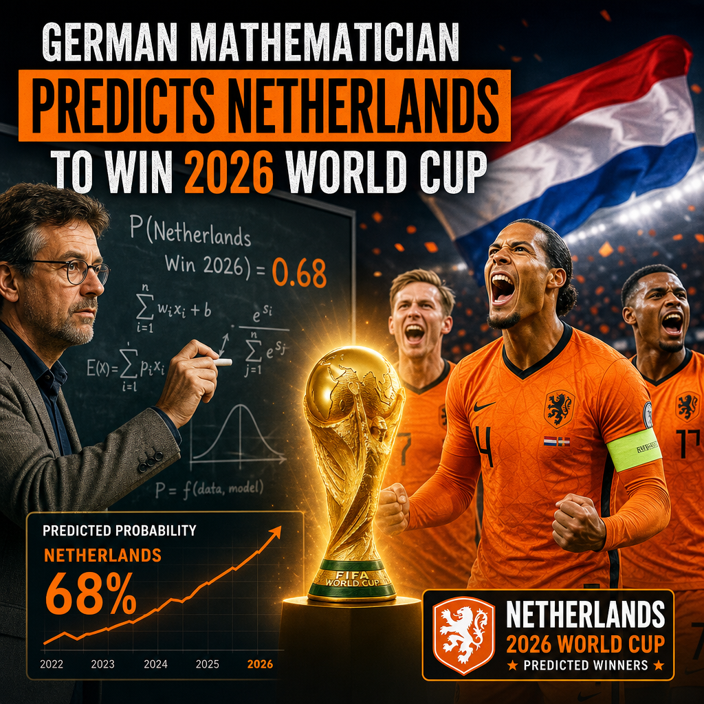 Graph showing a German mathematician's prediction with Netherlands having a 68% chance to win the 2026 World Cup.