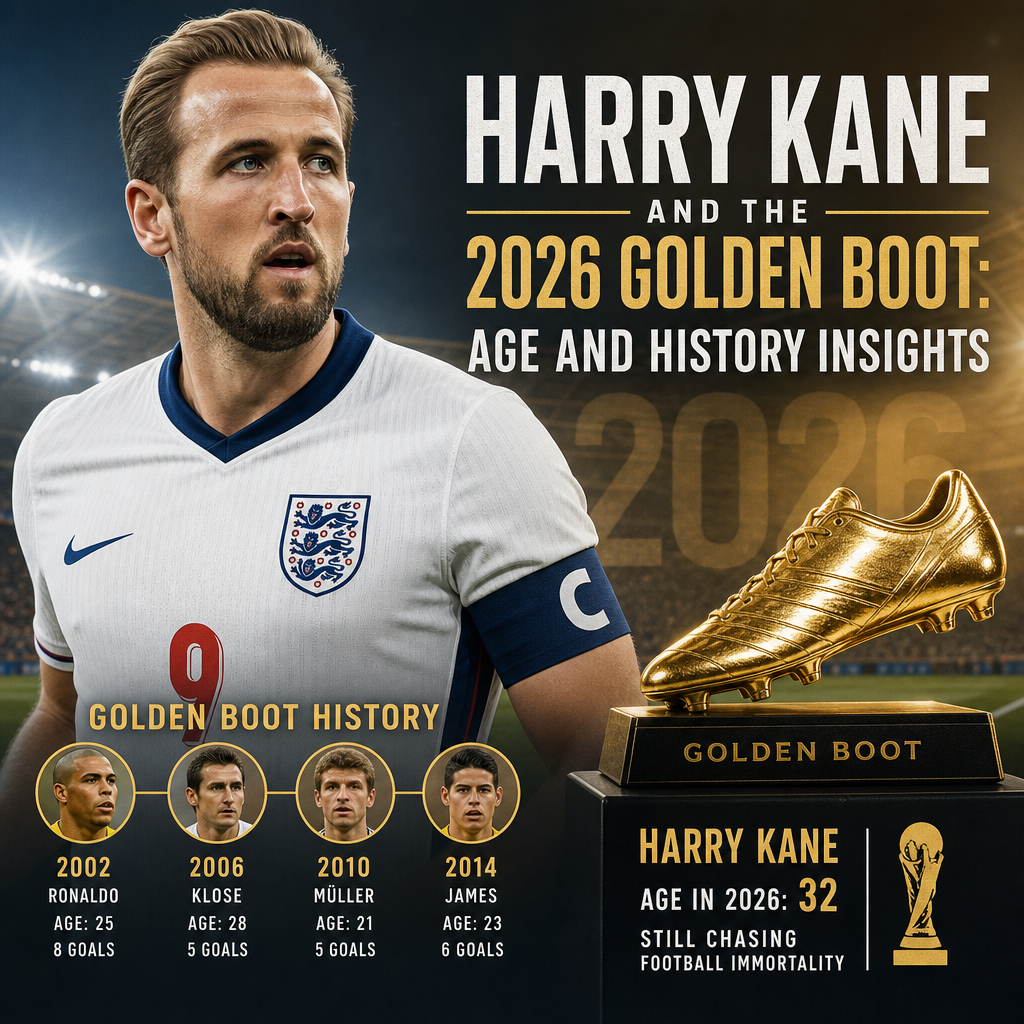 Graph showing Harry Kane's age and stats compared to past Golden Boot winners in 2026 World Cup history.