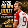 Harry Kane holding the 2026 Golden Boot trophy with age and career milestone graphics in the background.