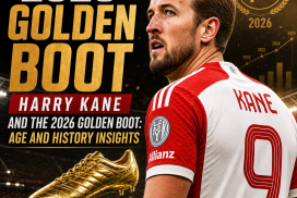 Harry Kane holding the 2026 Golden Boot trophy with age and career milestone graphics in the background.