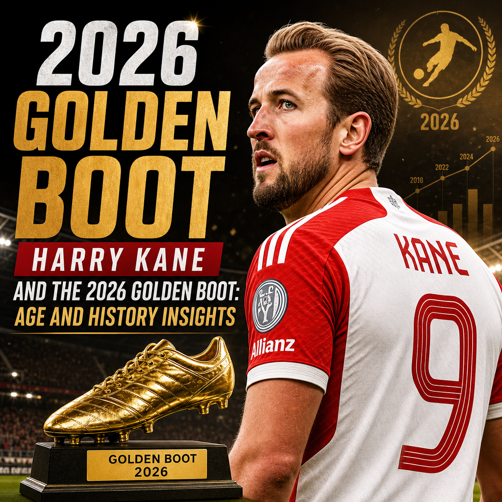 Harry Kane holding the 2026 Golden Boot trophy with age and career milestone graphics in the background.
