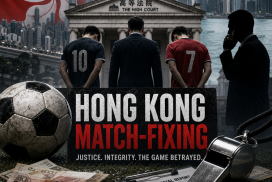Hong Kong court courtroom scene with judge and lawyers during soccer match-fixing trial.