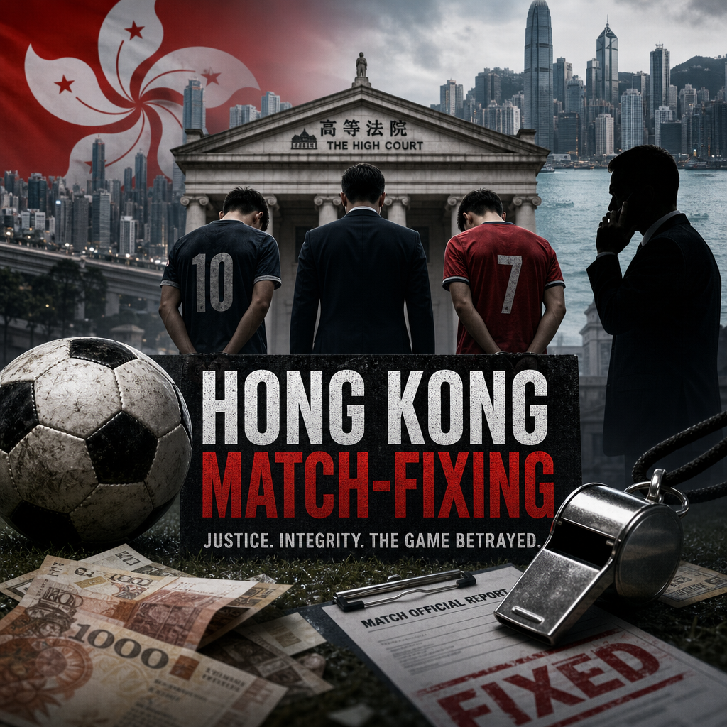 Hong Kong court courtroom scene with judge and lawyers during soccer match-fixing trial.