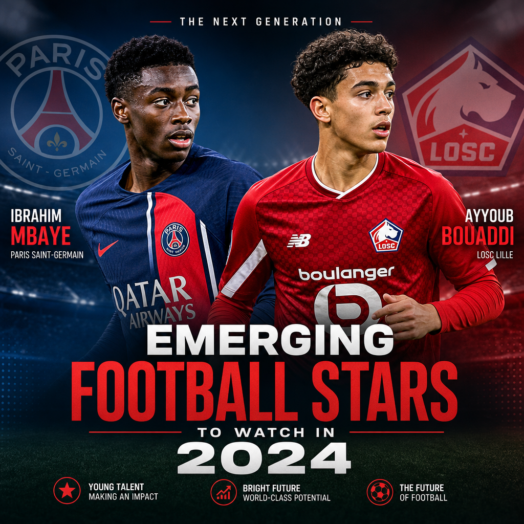 Ibrahim Mbaye and Ayyoub Bouaddi in their football kits, posing confidently as emerging football stars in 2024.