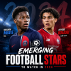 Ibrahim Mbaye and Ayyoub Bouaddi, young football stars in PSG and LOSC Lille jerseys, posing confidently.