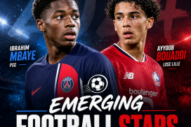Ibrahim Mbaye and Ayyoub Bouaddi, young football stars in PSG and LOSC Lille jerseys, posing confidently.