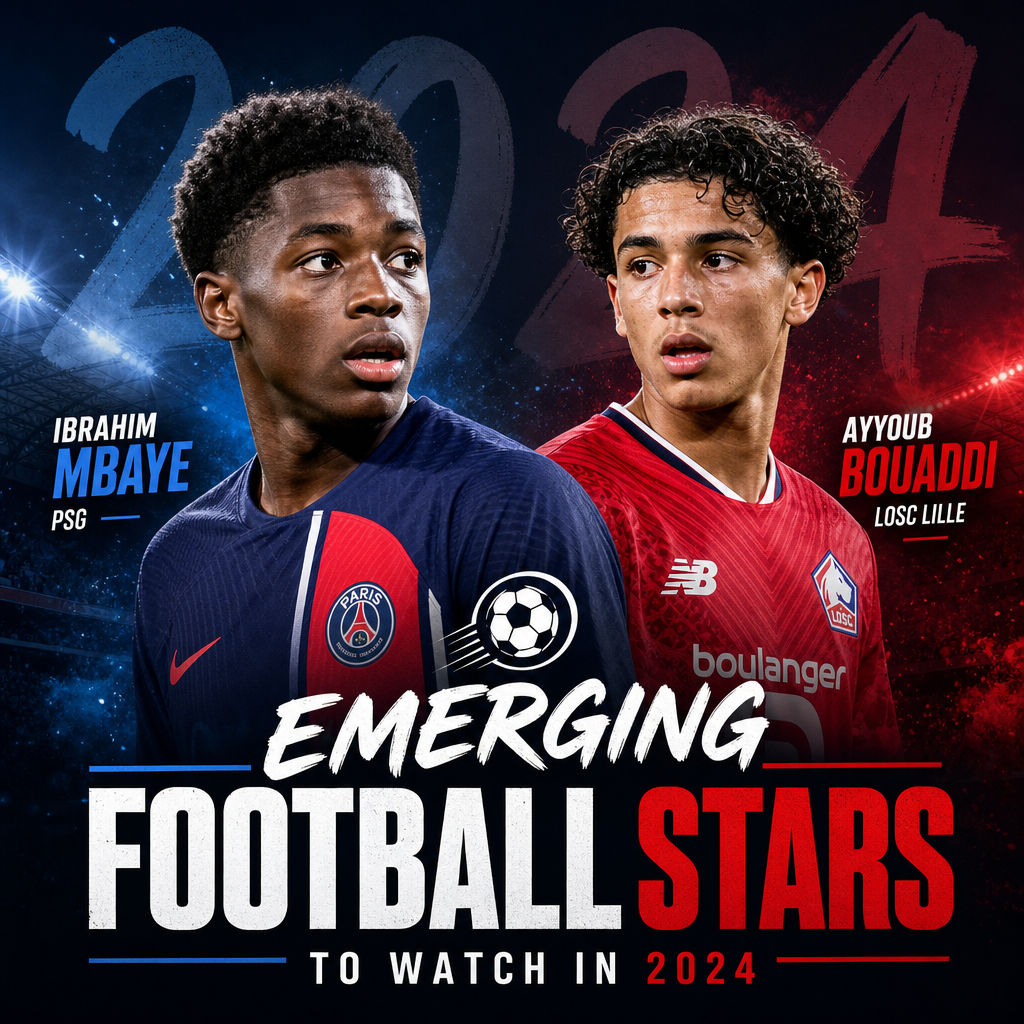 Ibrahim Mbaye and Ayyoub Bouaddi, young football stars in PSG and LOSC Lille jerseys, posing confidently.