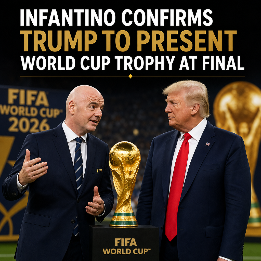 FIFA President Infantino speaking at a press conference about the 2026 World Cup trophy presentation by Donald Trump.