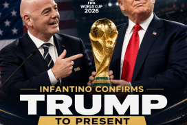 FIFA President Gianni Infantino announces Donald Trump will present the 2026 World Cup trophy at the final match.