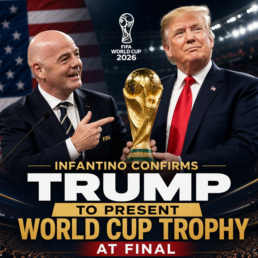 FIFA President Gianni Infantino announces Donald Trump will present the 2026 World Cup trophy at the final match.