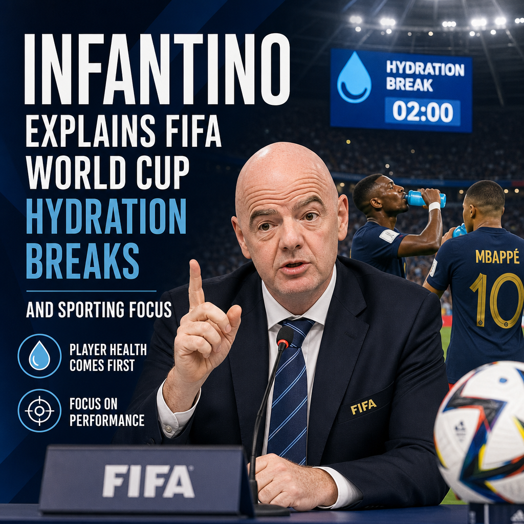 Gianni Infantino speaking during a FIFA World Cup press conference about hydration breaks and player health.