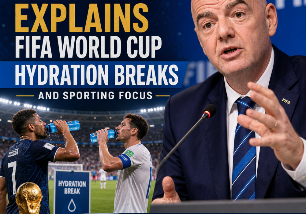 Gianni Infantino speaking at a FIFA event about hydration breaks during the World Cup under extreme heat conditions.