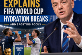 Gianni Infantino speaking at a FIFA event about hydration breaks during the World Cup under extreme heat conditions.