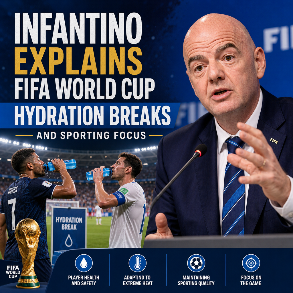 Gianni Infantino speaking at a FIFA event about hydration breaks during the World Cup under extreme heat conditions.