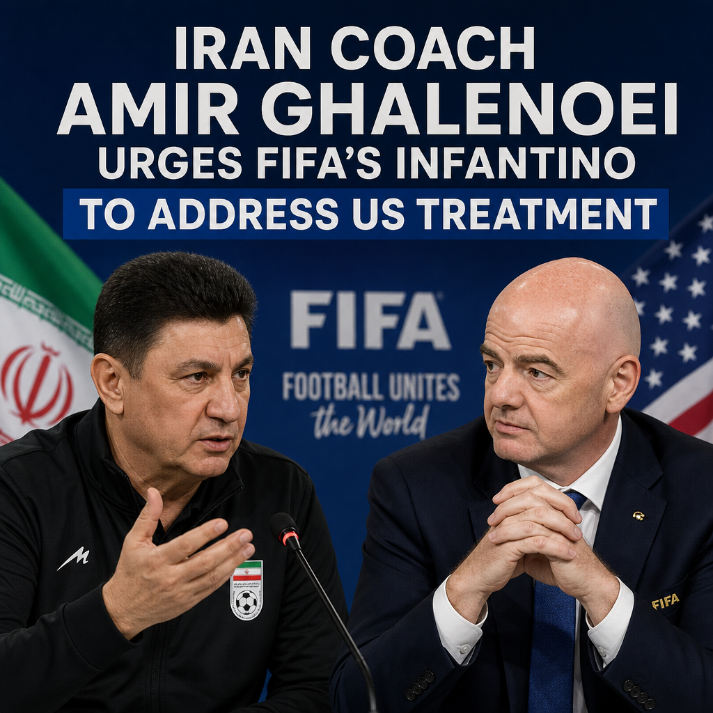 Iran football coach Amir Ghalenoei speaking passionately, urging FIFA president Gianni Infantino to address US treatment conc