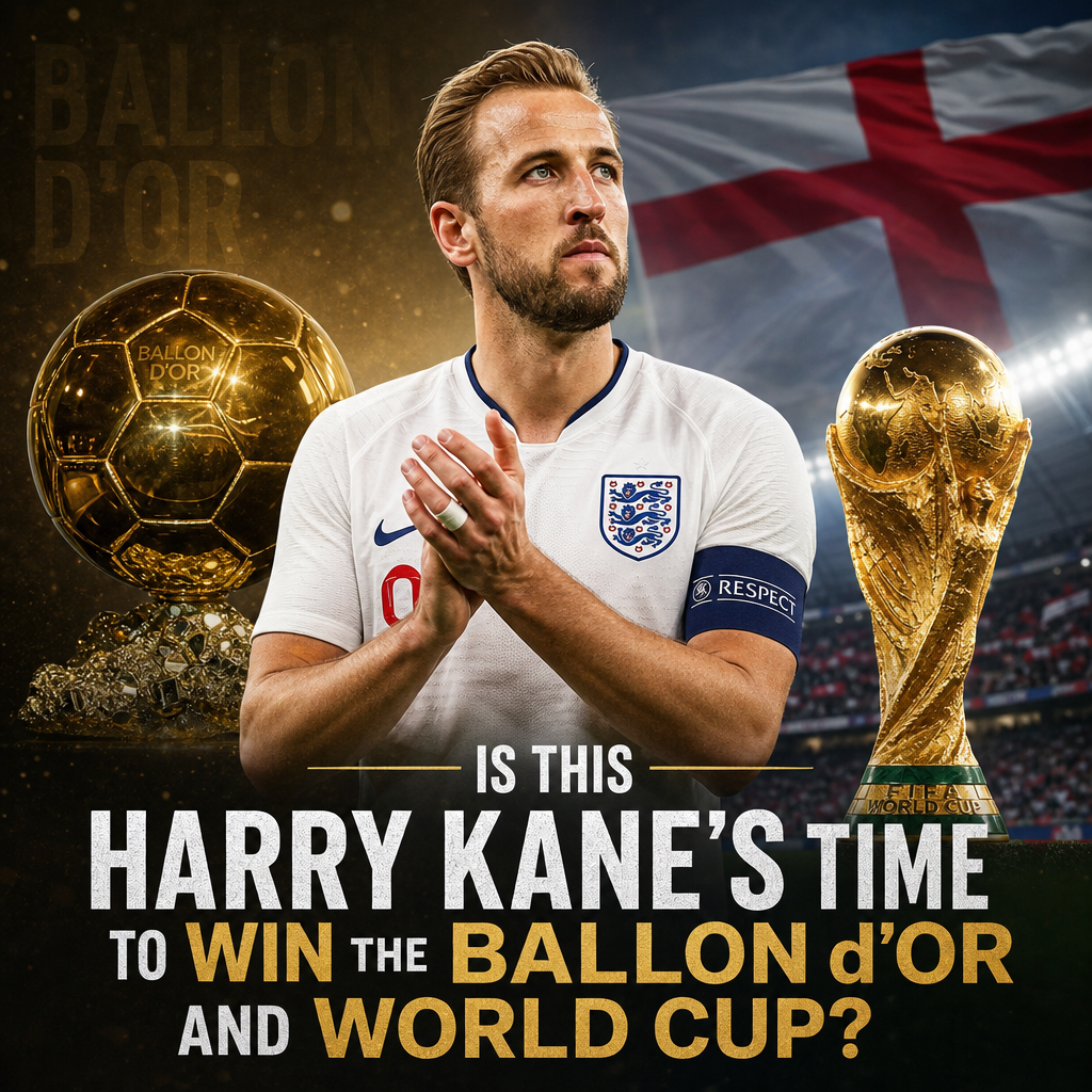 Harry Kane in England kit with Ballon d'Or and World Cup trophies, questioning his chance to win both.