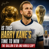 Harry Kane celebrating a goal for England, aiming to win the Ballon d'Or and World Cup.