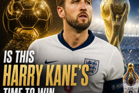 Harry Kane celebrating a goal for England, aiming to win the Ballon d'Or and World Cup.