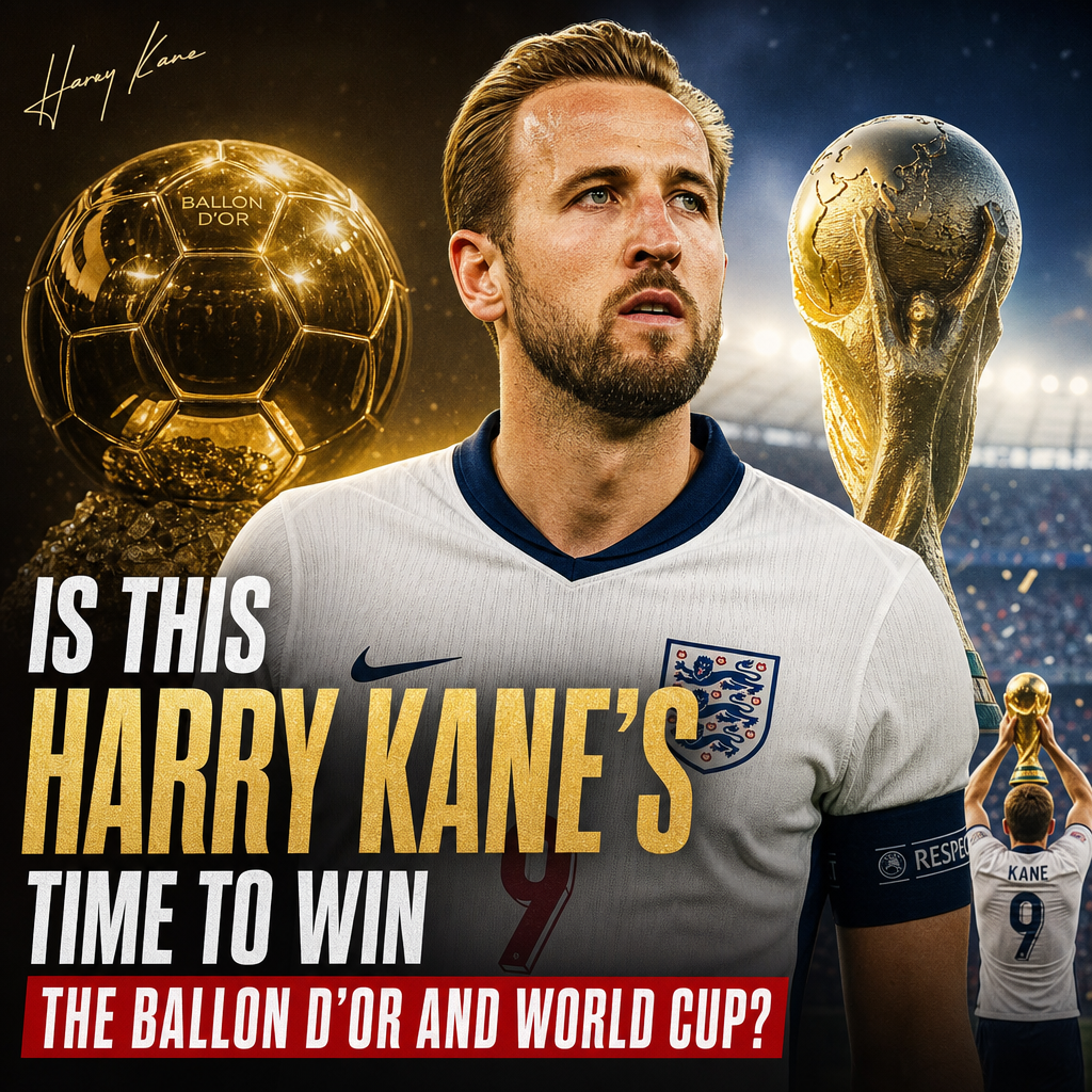 Harry Kane celebrating a goal for England, aiming to win the Ballon d'Or and World Cup.