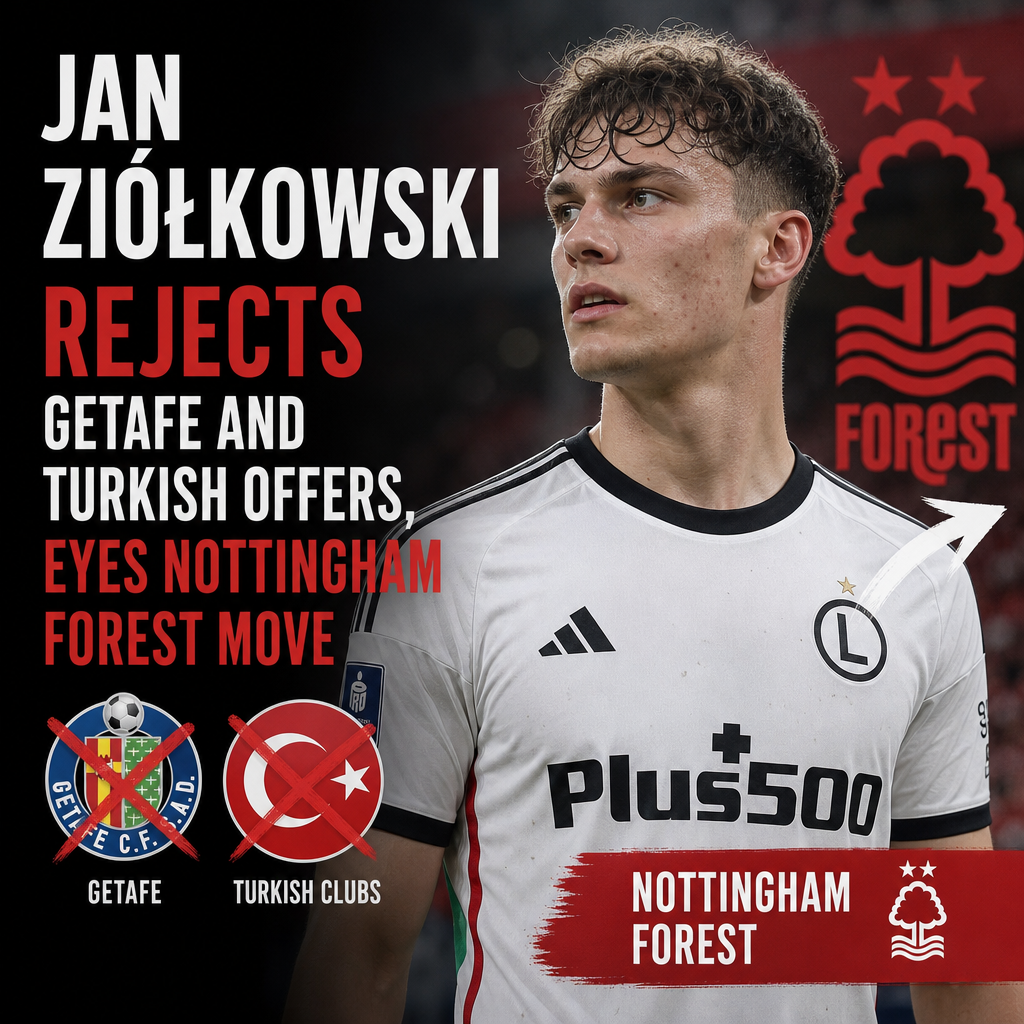 Jan Ziółkowski in a suit, rejecting Getafe and Turkish offers, aiming to join Nottingham Forest football club.