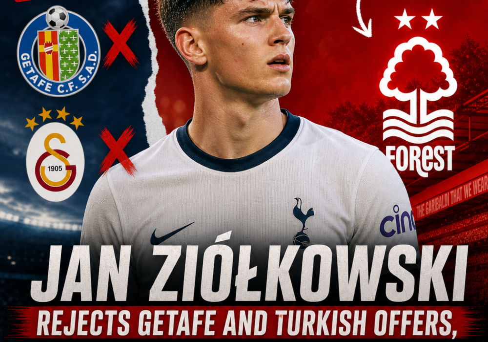 Jan Ziółkowski in a football kit, symbolizing his plans to reject offers and transfer to Nottingham Forest.