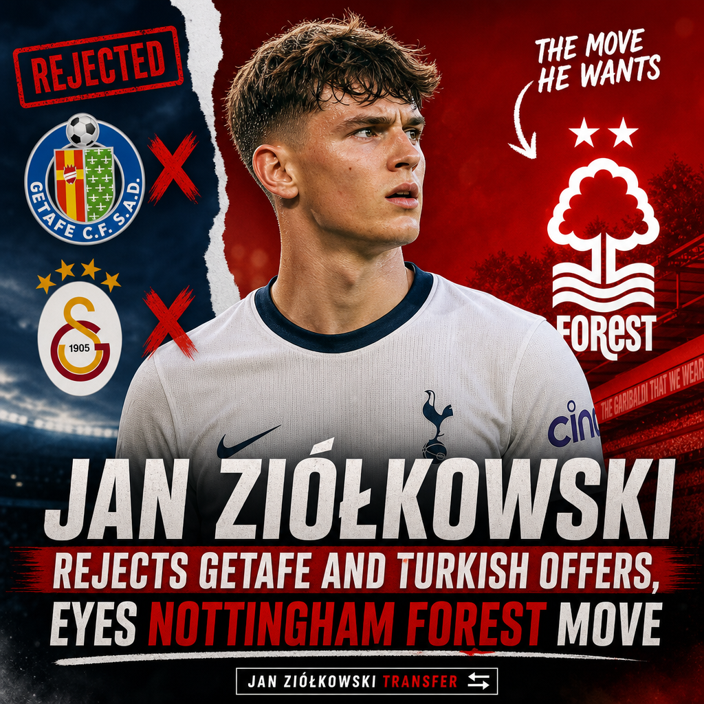 Jan Ziółkowski in a football kit, symbolizing his plans to reject offers and transfer to Nottingham Forest.