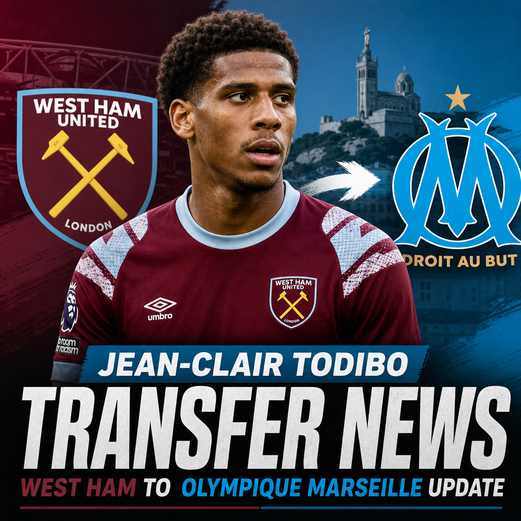 Jean-Clair Todibo in a West Ham United jersey, with Olympique Marseille logo and transfer headline in the background.