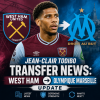 Jean-Clair Todibo in a football kit, with West Ham and Olympique Marseille logos, indicating transfer news.