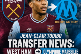 Jean-Clair Todibo in a football kit, with West Ham and Olympique Marseille logos, indicating transfer news.