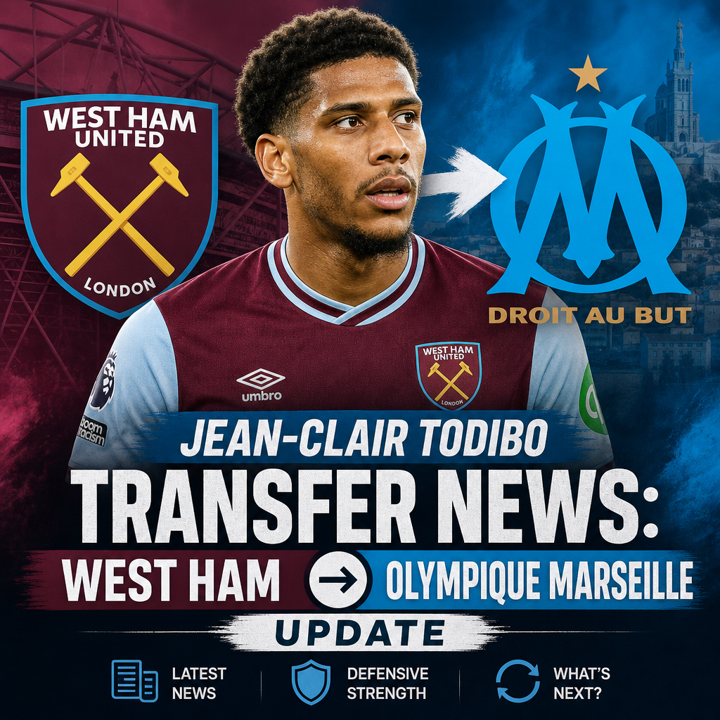 Jean-Clair Todibo in a football kit, with West Ham and Olympique Marseille logos, indicating transfer news.