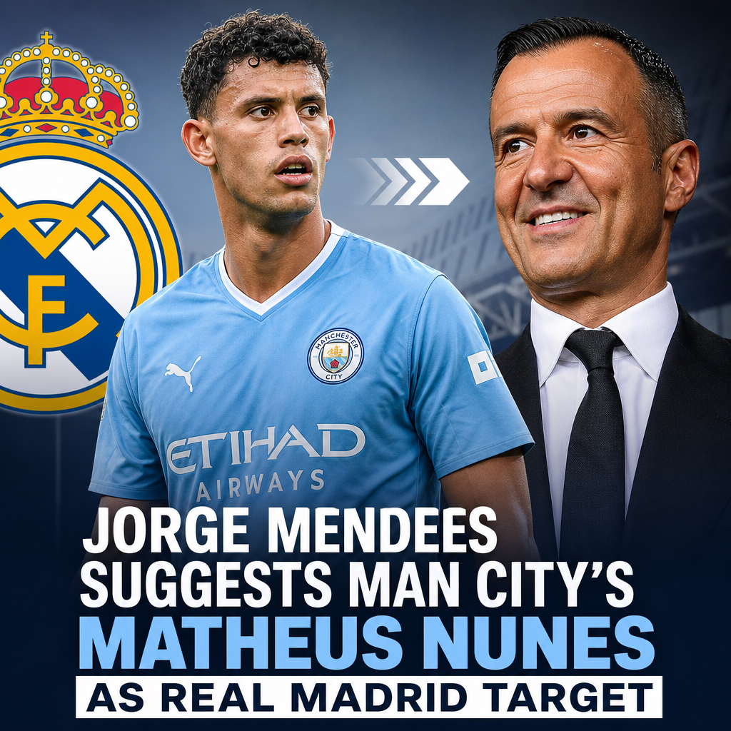 Jorge Mendes with a serious expression, discussing Matheus Nunes as a Real Madrid transfer target.