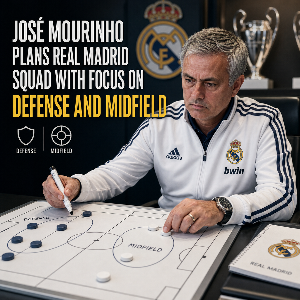 José Mourinho holding a whiteboard, planning Real Madrid's defensive and midfield squad strategy.