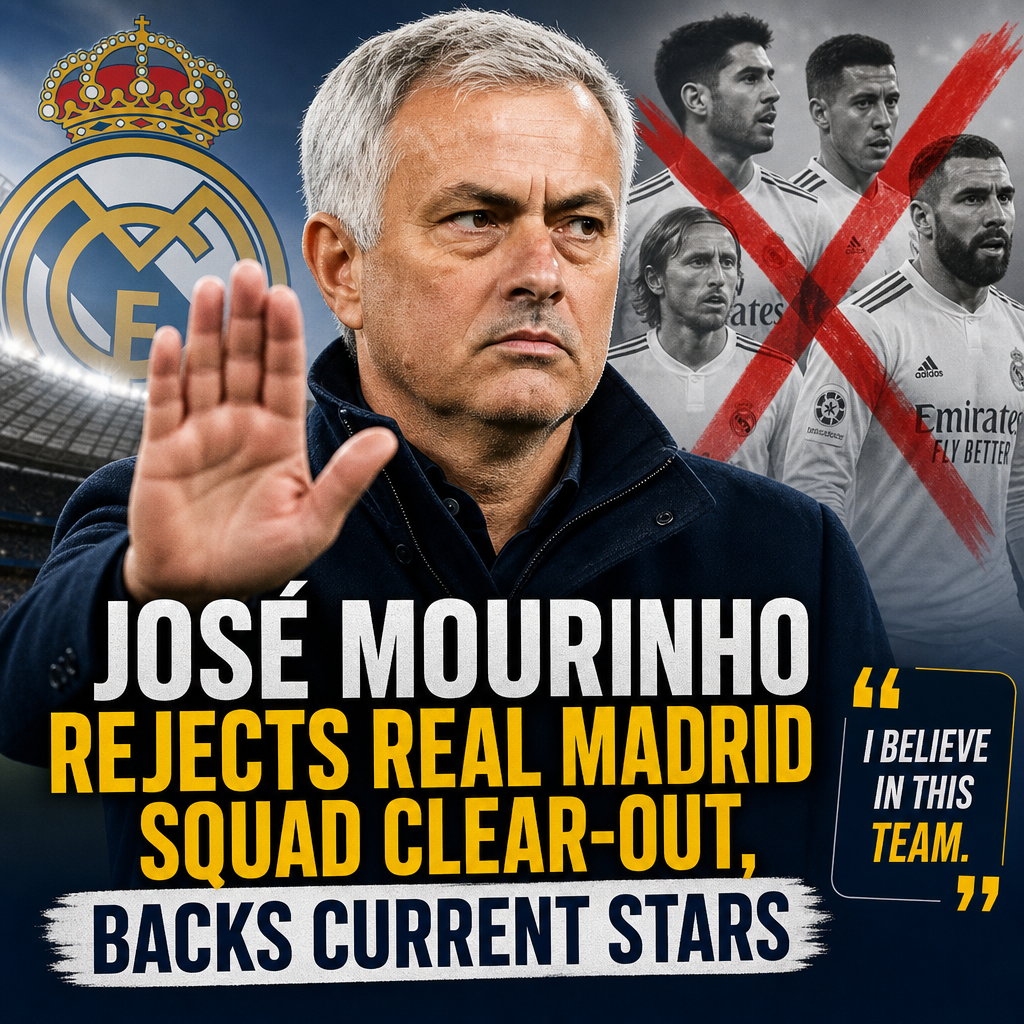 José Mourinho speaking at a press conference, expressing support for Real Madrid's current squad.