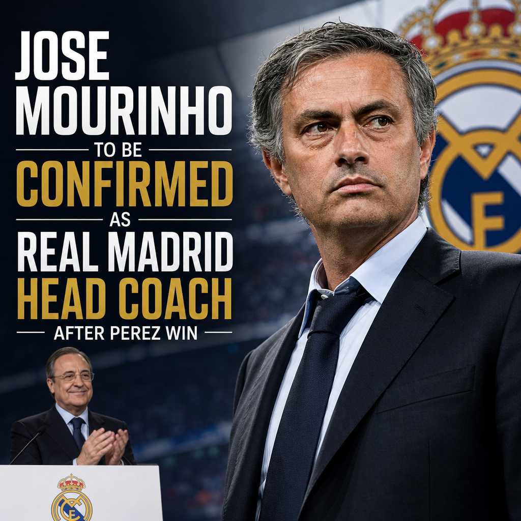 Jose Mourinho speaking at a press conference, poised to become Real Madrid head coach.