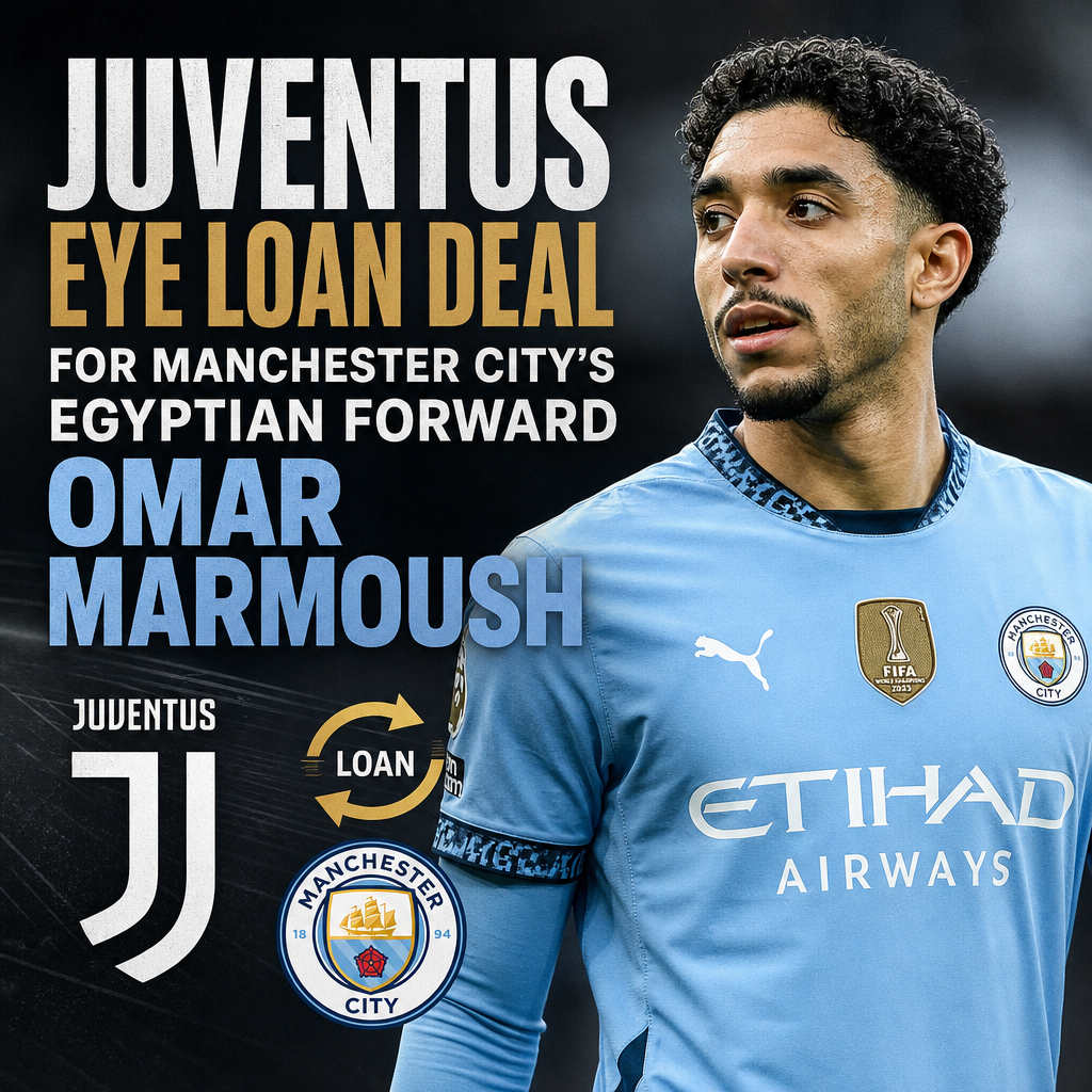 Juventus players on the field, with a focus on forward Omar Marmoush in a Manchester City jersey.