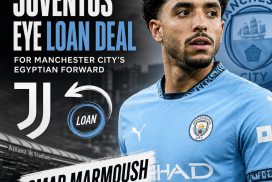 Juventus and Manchester City logos with a photo of Egyptian forward Omar Marmoush in action on the field.